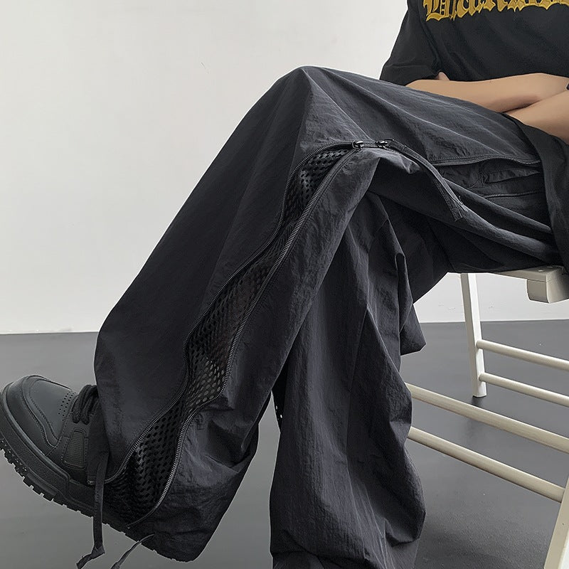Wide Leg Side Zipper Nylon Cargo Pants