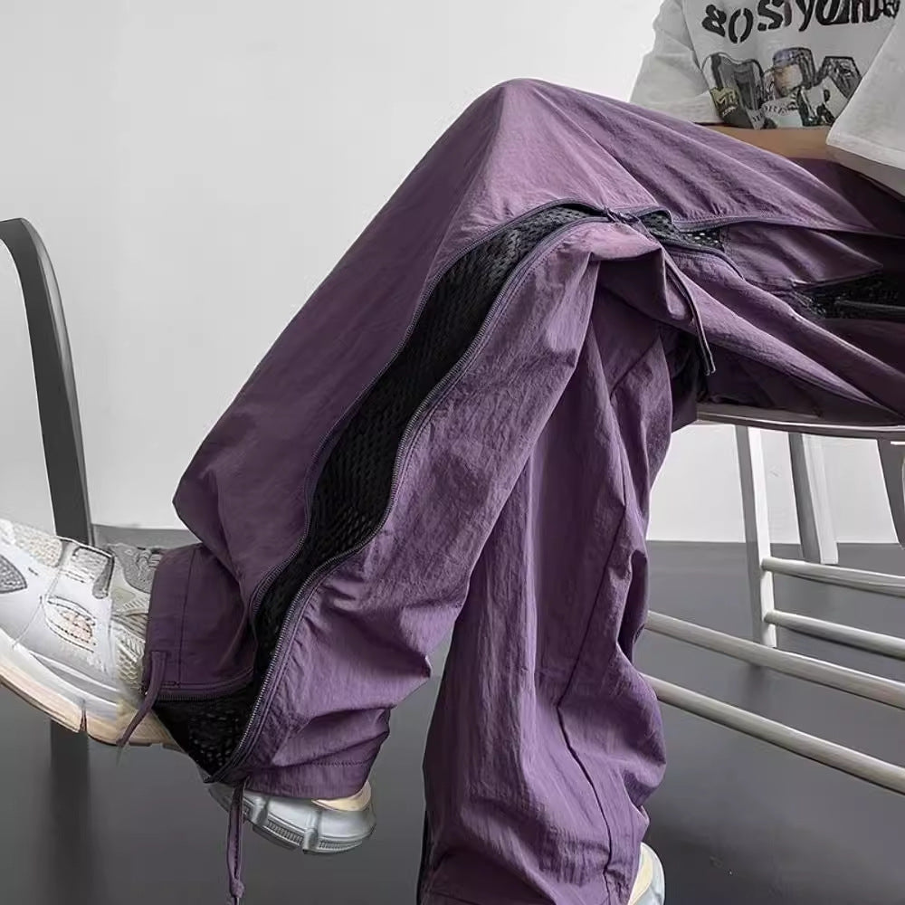 Wide Leg Side Zipper Nylon Cargo Pants