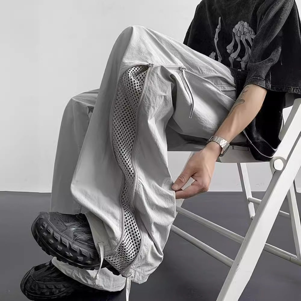 Wide Leg Side Zipper Nylon Cargo Pants