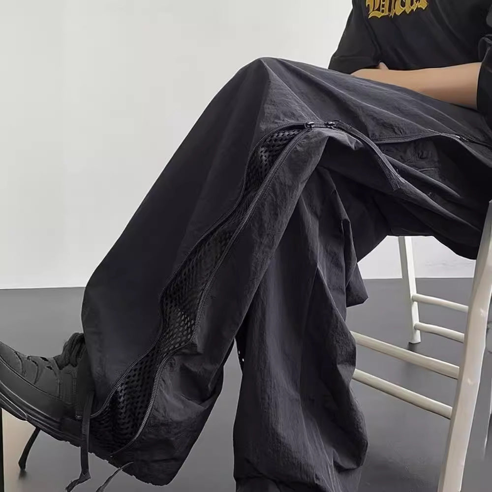 Wide Leg Side Zipper Nylon Cargo Pants